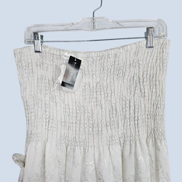 NWT WHITE HOUSE BLACK MARKET Midi Dress WHITE w SILVER Floral size L Smocked - Picture 3 of 11